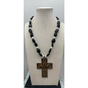 Black Glass & Faux Pearl Large Cross Pendant Beaded Necklace